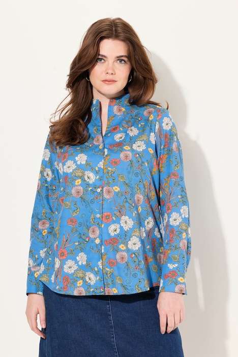 Bluse, Blüten, Kelchkragen, V-Ausschnitt, Langarm