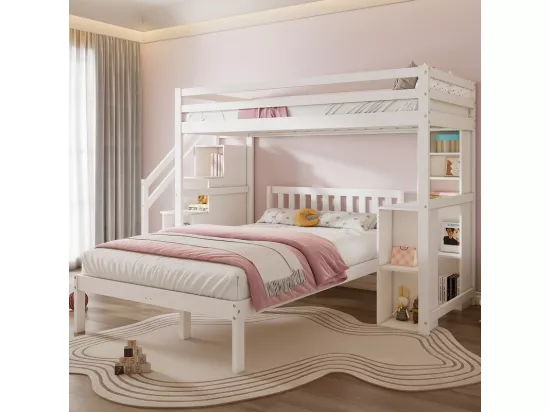 Lit superposé 90x200 cm + 120x200 cm - avec escalier de rangement et étagères de rangement - Pin et MDF - Blanc