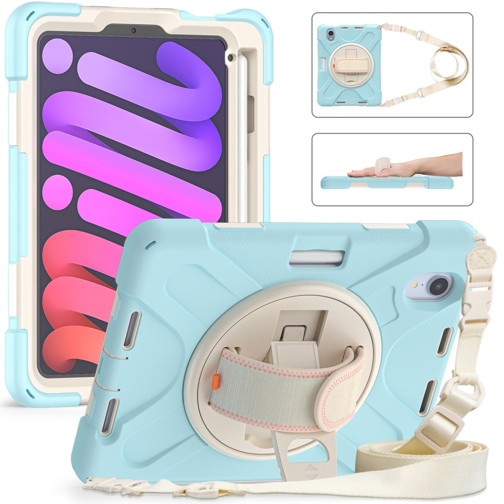 iPad Mini 7 (2024) / Mini 6 (2021) Hybrid Outdoor Silikon Case Hülle mit Aufsteller und Handschlaufe und Schultergurt - Hellblau