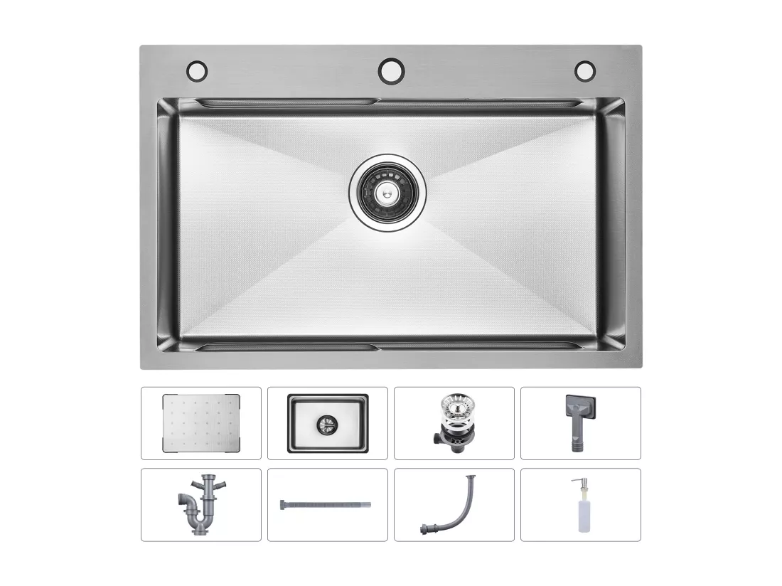 Cecipa max Évier Inox 70×45×21.5CM avec Egouttoir, Vasque et Distributeur de Savon + Robinet Cuisine avec Douchette, Mitigeur Extractible Brossé