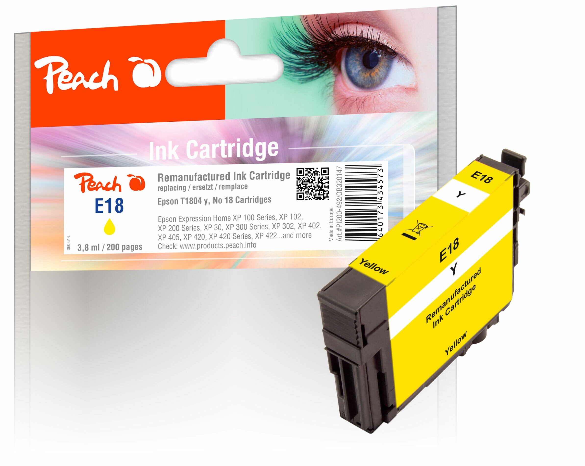Peach E18 y Druckerpatrone ye ersetzt Epson No. 18 y, C13T18044010 für z.B. Epson Expression Home XP -100, Epson Expression Home XP -102 (wiederaufbereitet)