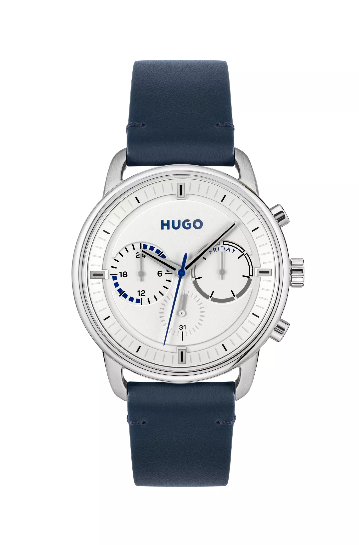 Relógio HUGO em aço inoxidável vermelho com pulseira de couro costurada.