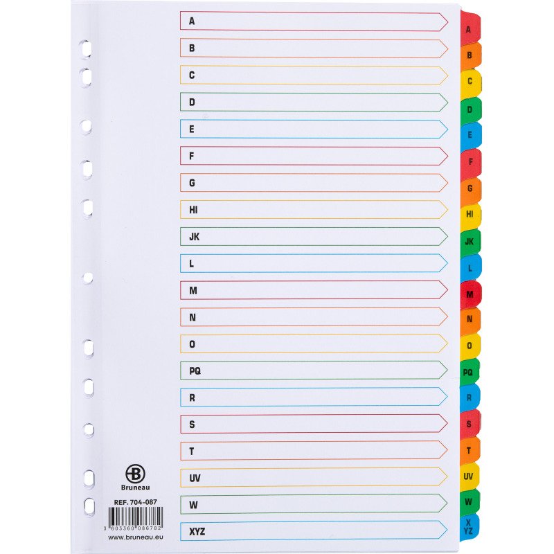 Intercalaire A4 carte bristol blanche Bruneau 20 onglets alphabétiques multicolores - 1 jeu