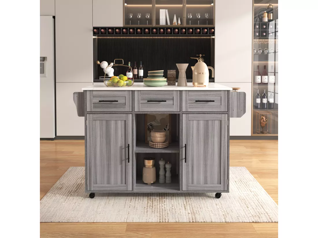 Ilot central de cuisine mobile avec 2 portes et 3 tiroirs - plateau extensible - 129x46/71x91,5 cm - Bois MDF + métal - Gris+ blanc