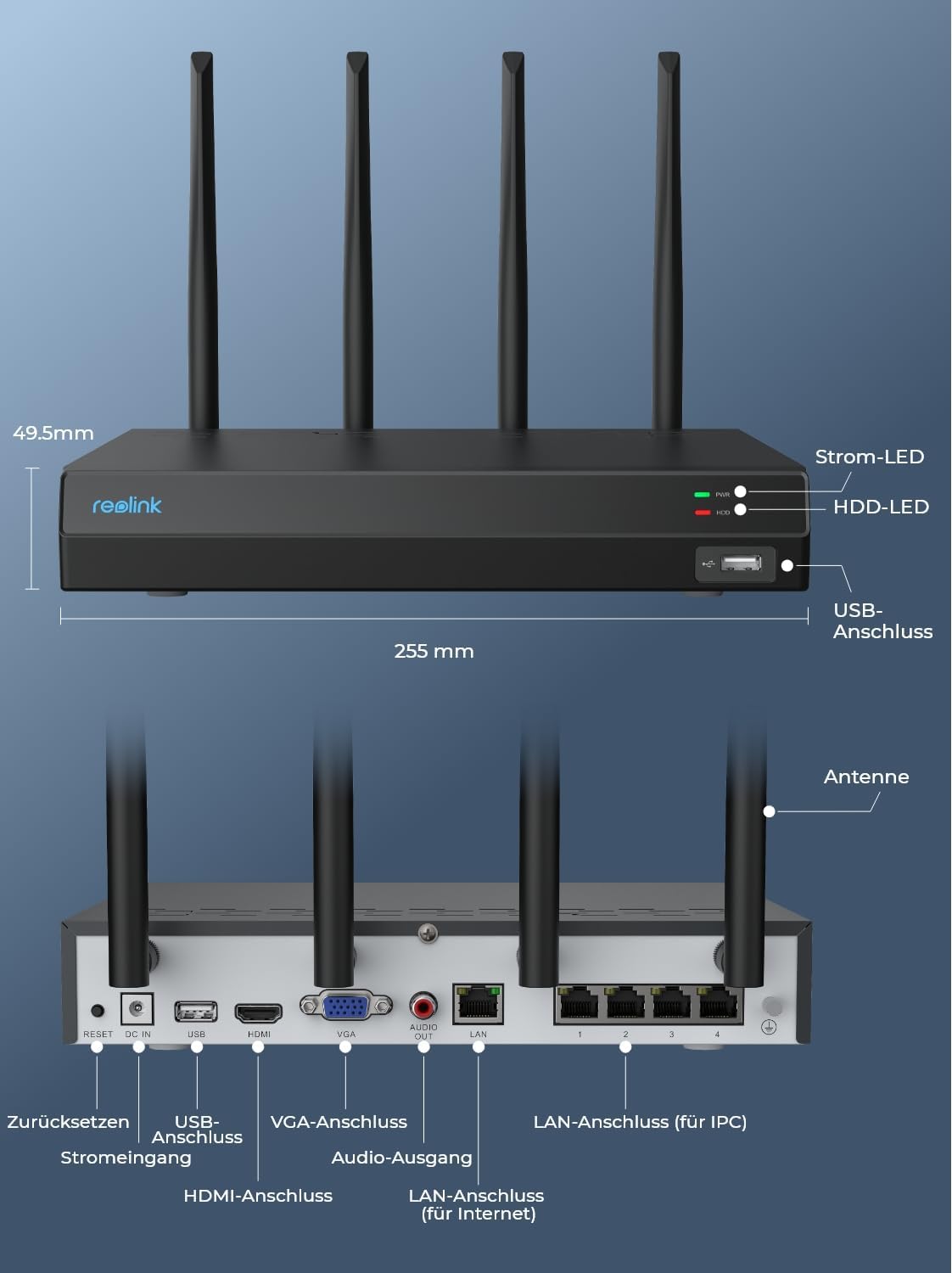 Reolink 4K 12CH WLAN NVR mit Wi-Fi 6, Integrierte 2TB HDD, 2,4/5GHz WiFi, Für Reolink WLAN-&Akku-Kameras(außer 4G Kameras), Keine PoE-Ports, Überwachungssystem, 24/7 Aufzeichnung, RLN12W(Schwarz)