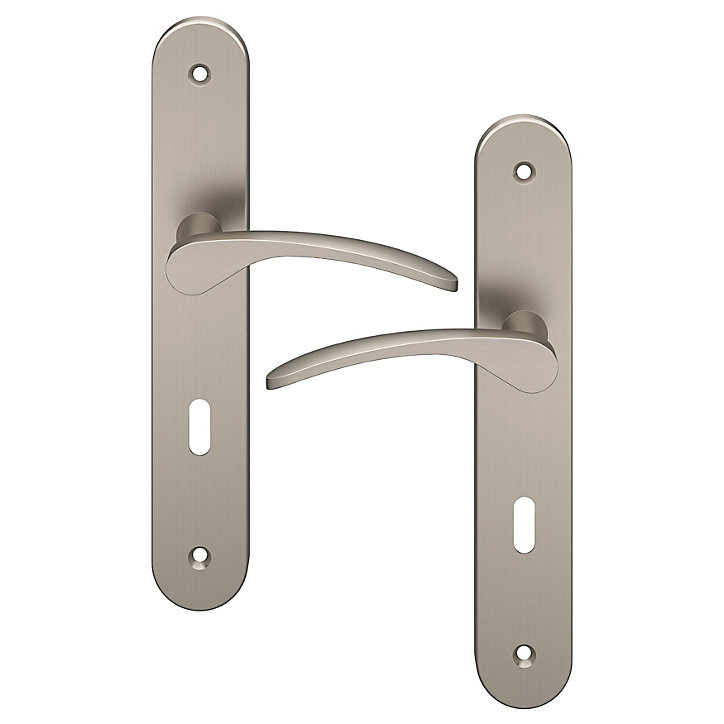Ensemble poignée sur plaque rond serrure GoodHome Beare effet nickel satin gris L.110.5mm x l.40mm entraxe 195mm