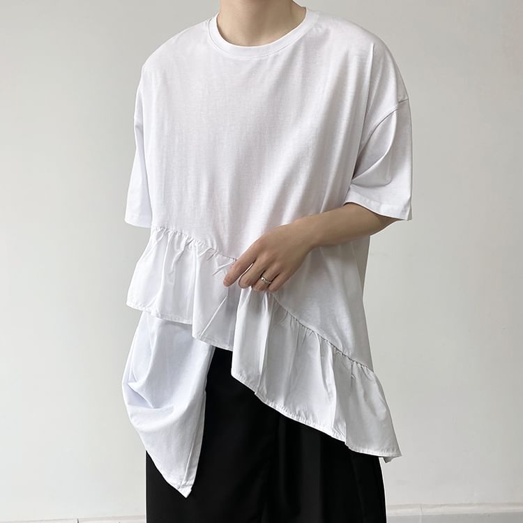 Bjorn - T-shirt met korte mouwen, ronde hals, effen ruches en asymmetrische print