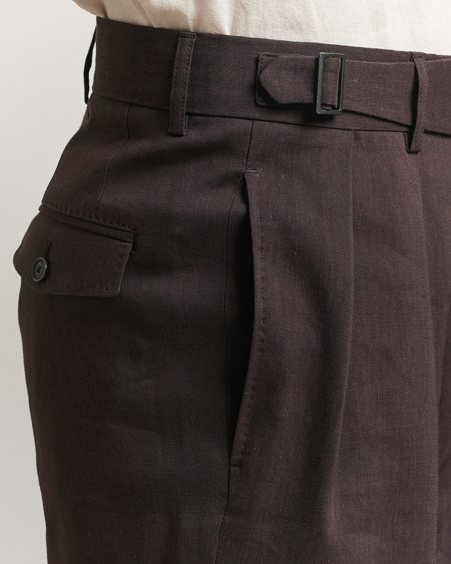 BOSS CAMEL Port Linen Double Pleated Trousers Dark Brown