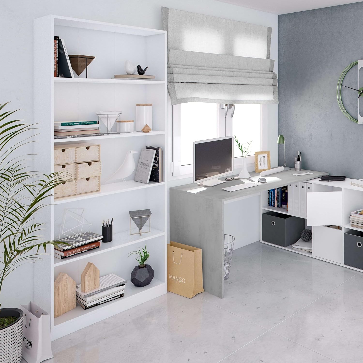 Habitdesign, Bücherregal – hohes Regal mit 5 offenen Regalböden in Artik weiß, ideal für Büro, Wohnzimmer oder Arbeitszimmer, Maße: 80 x 201 x 28 cm (B x H x T), Modell Estil