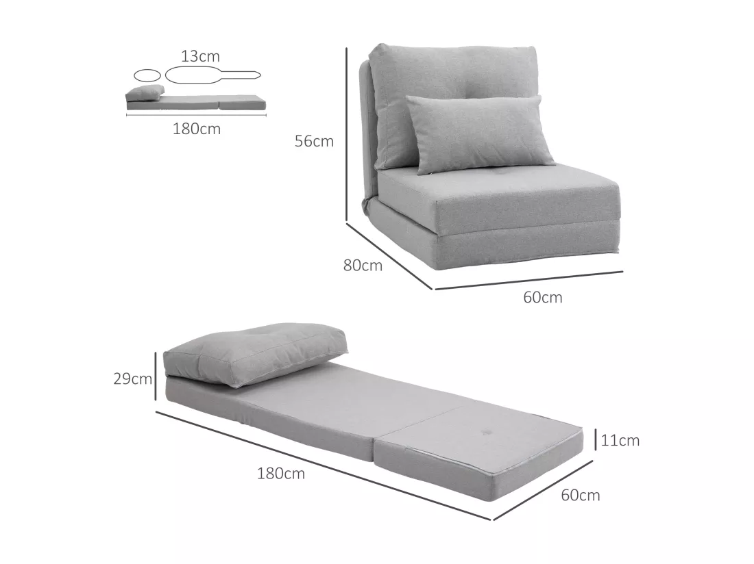 Chauffeuse dossier inclinable - fauteuil convertible - 2 coussins inclus - tissu lin gris clair