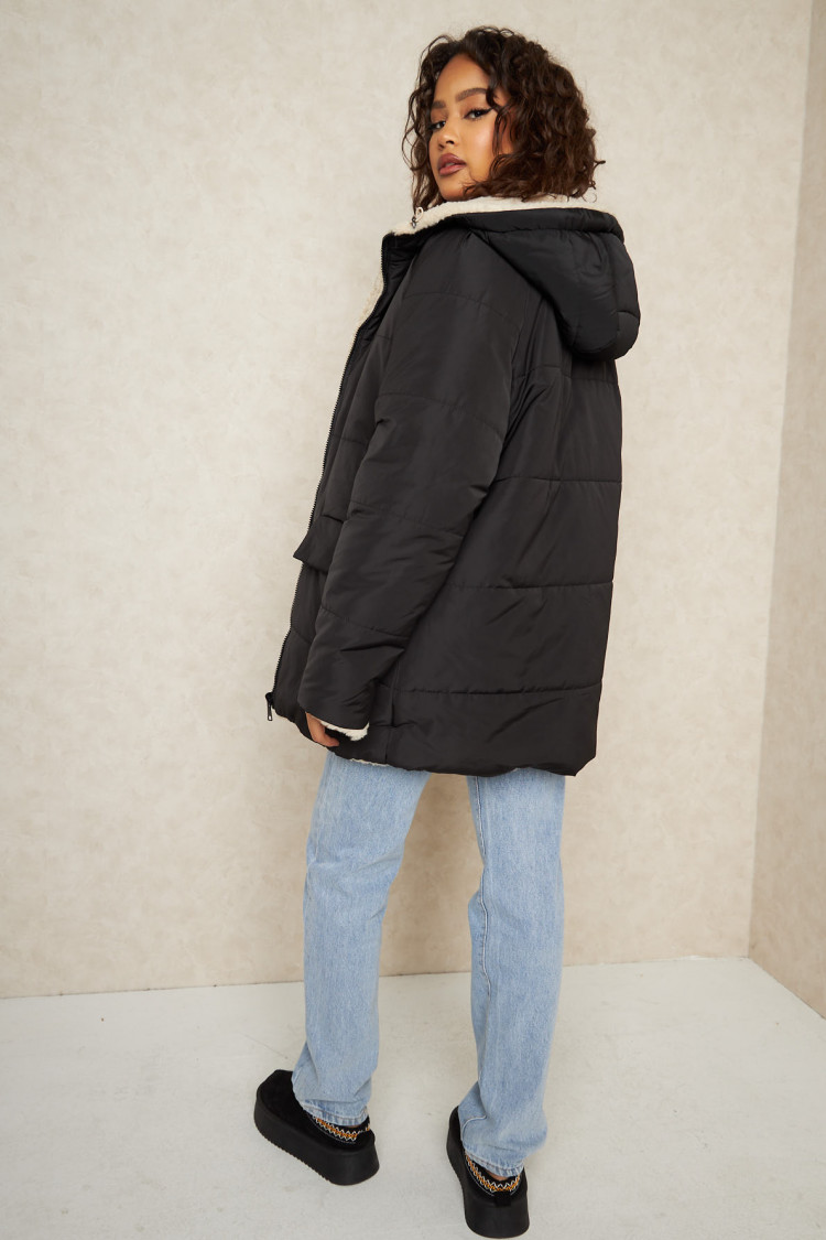 Doudoune noire reversible à capuche fourrée