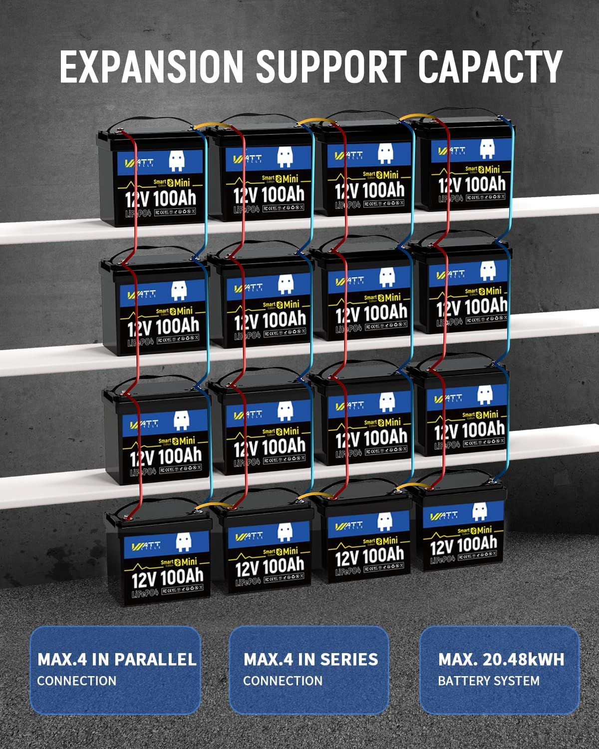 WattCycle 12V 100Ah LiFePO4 Lithiumbatterie mit Bluetooth,12V Mini Batterie 100A Smart BMS,Unterstützung der Batterieüberwachung über Bluetooth-App,15000 Tiefentladezyklen,für Wohnmobil,Wohnwagen,RVs