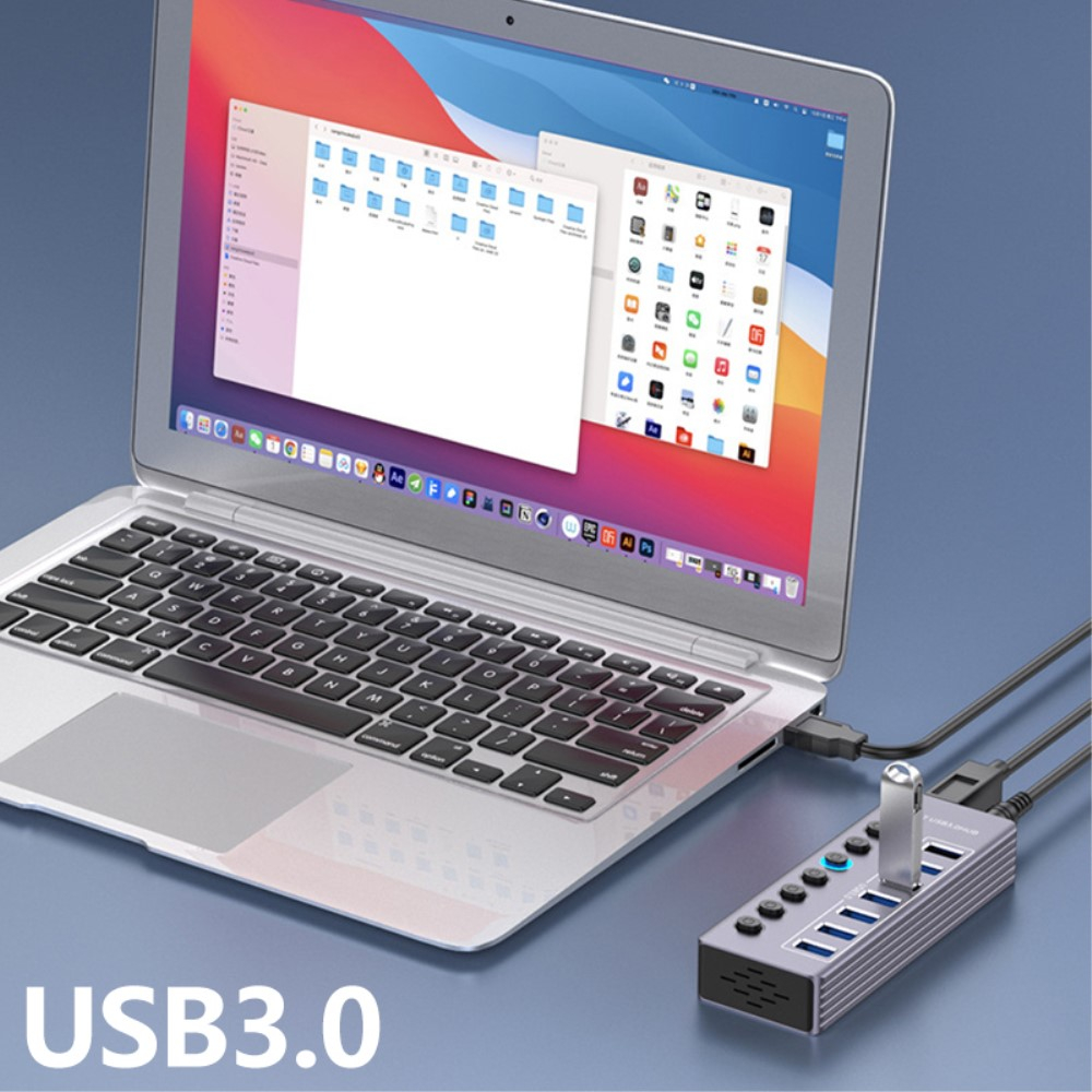 (13cm) 7-fach USB 3.0 Hub Aluminium Adapter mit USB Port Steuerung Tastenschalter 5GB/s   Netzteil (12V/3A) - Grau