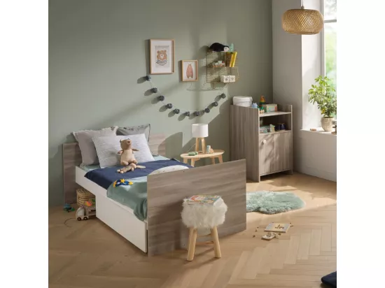 Lit bébé combiné 120x60 évolutif en 90x190 en décor bois avec commode à langer 1 porte