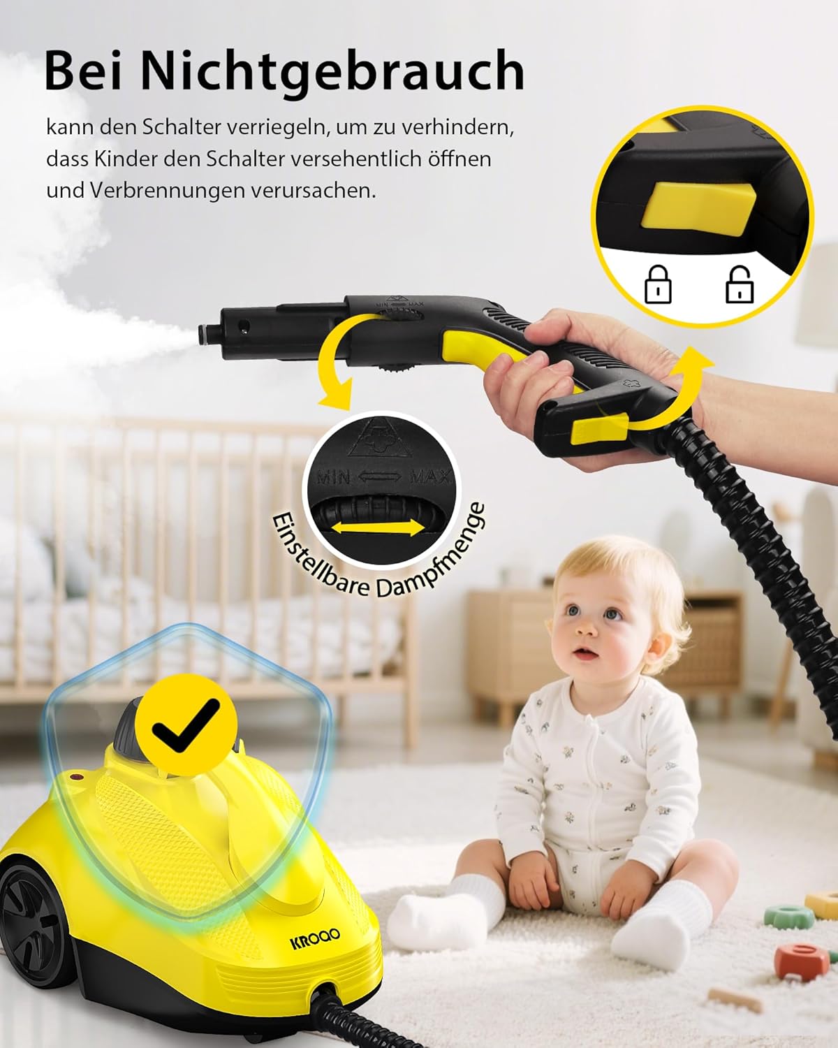Dampfreiniger mit 23 Zubehörteilen und 5 Meter Netzkabel für die Reinigung von Öfen, Teppichen, Sofas, Polstern, Spielzeug und glatten Böden.