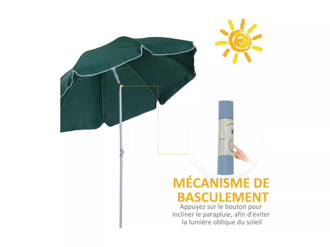 Parasol inclinable octogonal de jardin Ø 2 m métal polyester vert