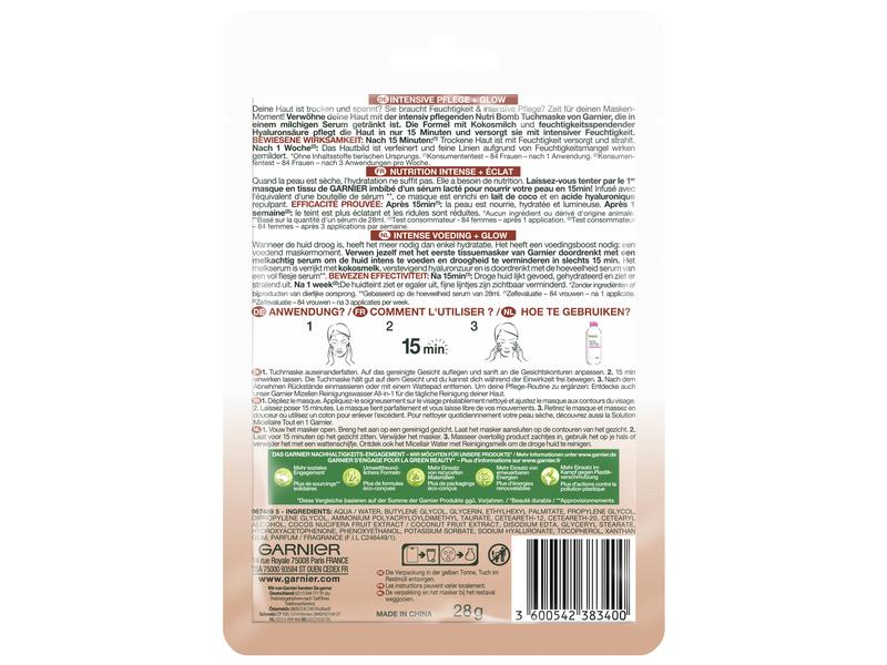 Garnier Gesichtsmaske Nutri Bomb Kokosmilch 1 Stück Pflege-Milch-Tuchmaske mit Kokosmilch und Hyaluronsäure
