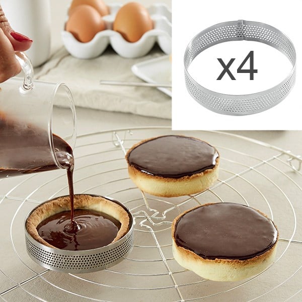 Lot 4 cercles à tarte perforés en inox rond 8 cm Mathon