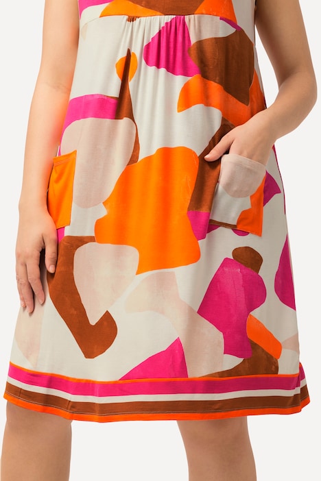 Minikleid, grafischer Druck, A-Linie, Rundhals, ärmellos
