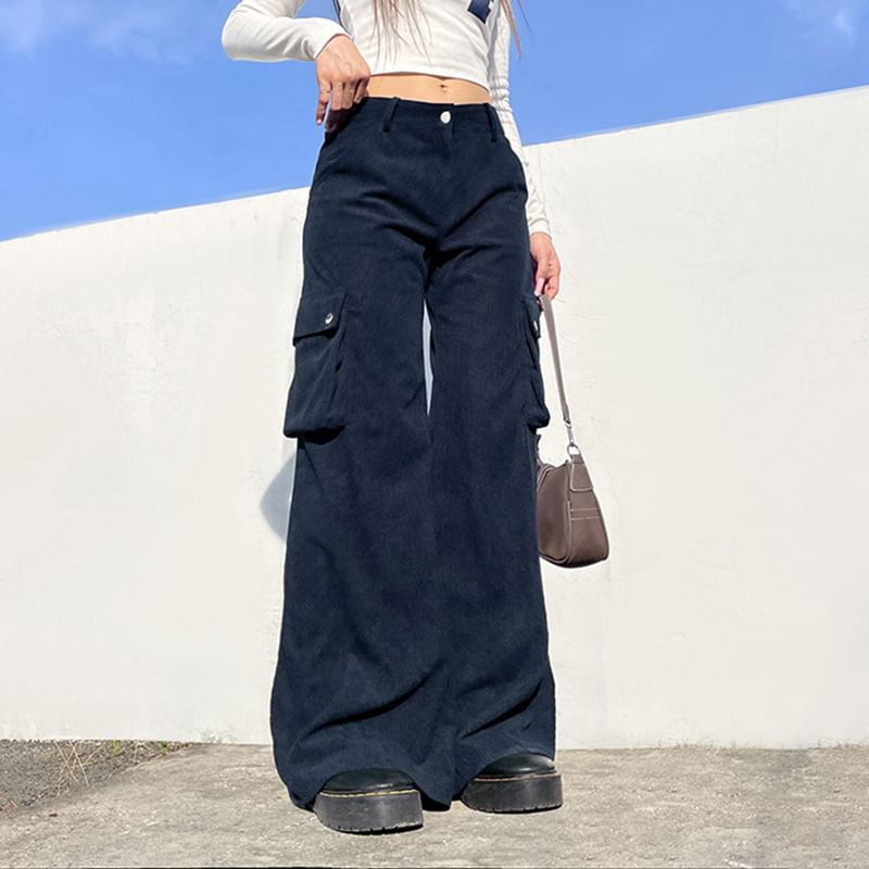 BrickBlack - Hoge taille corduroy cargobroek met wijde pijpen