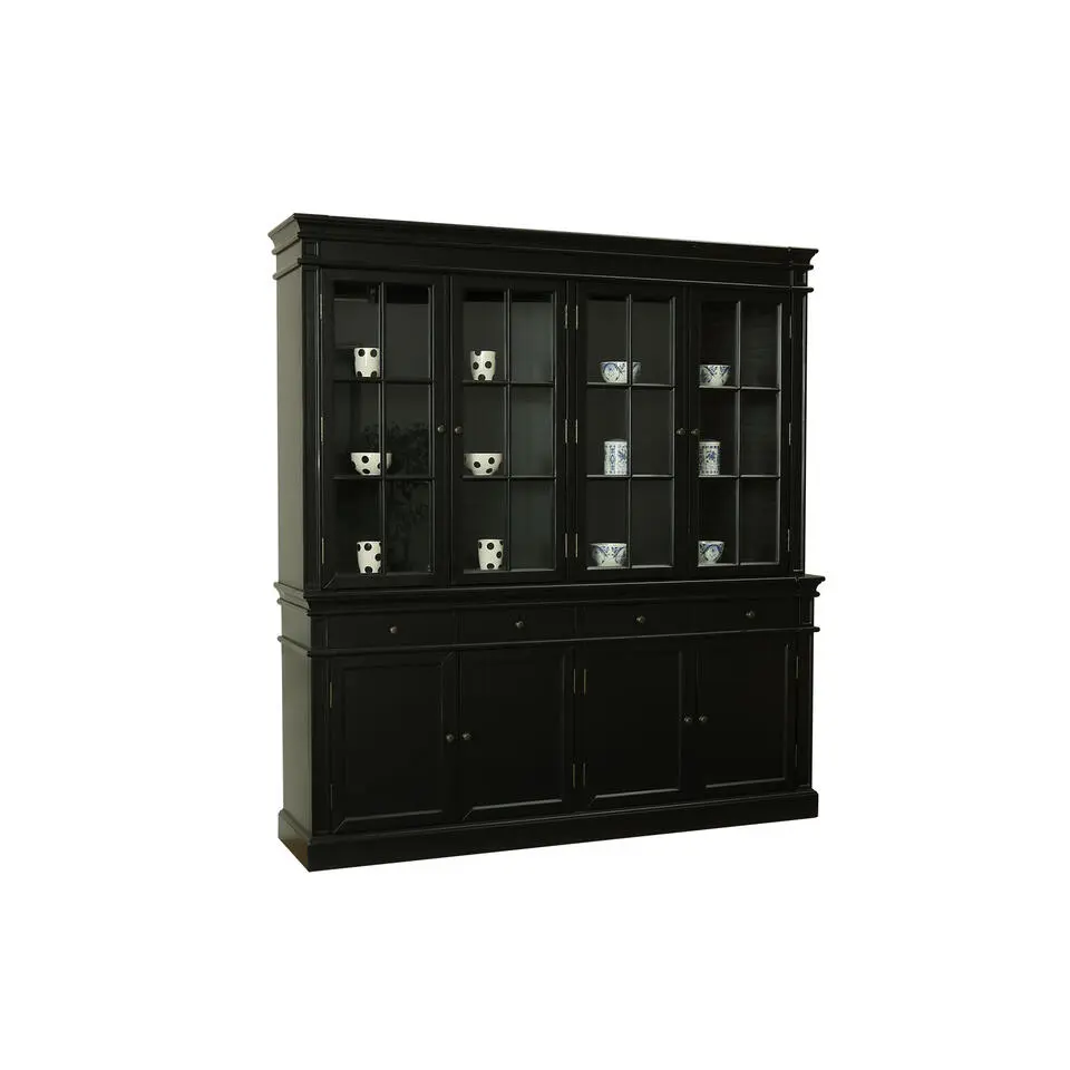 Hioshop Amaretta vitrinekast 4 deuren- zwart antiek gepatineerd Breedte 186
