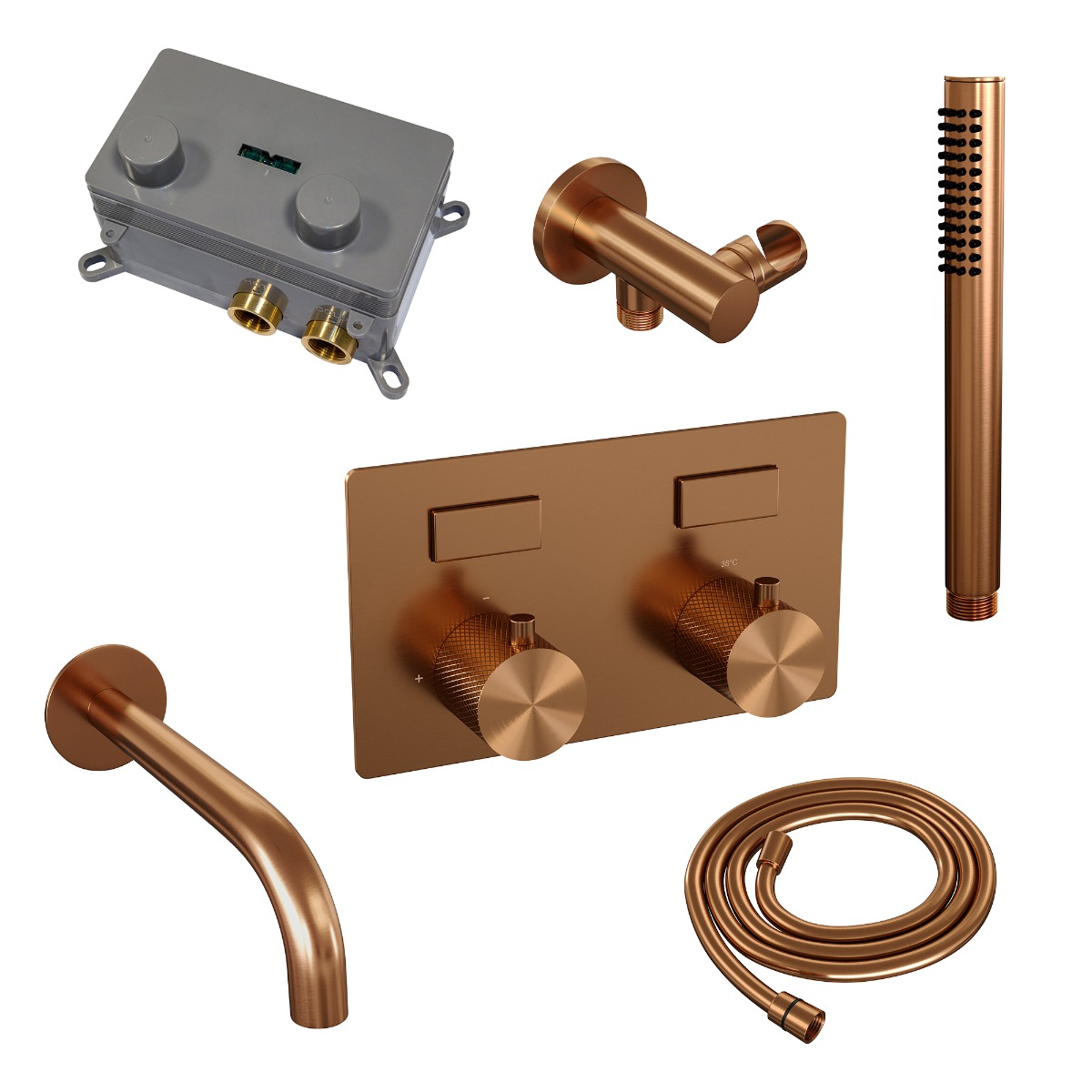 Brauer Copper Carving thermostatische inbouw badkraan met uitloop en staafhanddouche set 3 koper geborsteld PVD