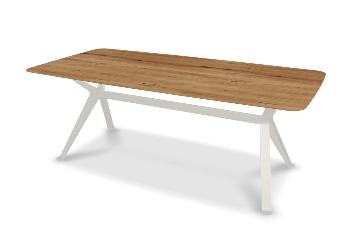 They & Me eettafel Chat – bootsvorm – eiken rustiek lak – RAL9010 zuiverwit 200 x 100 x 75 | Eiken Rustiek lak | Verjongde Rand | Frame RAL9010 zuiverwit