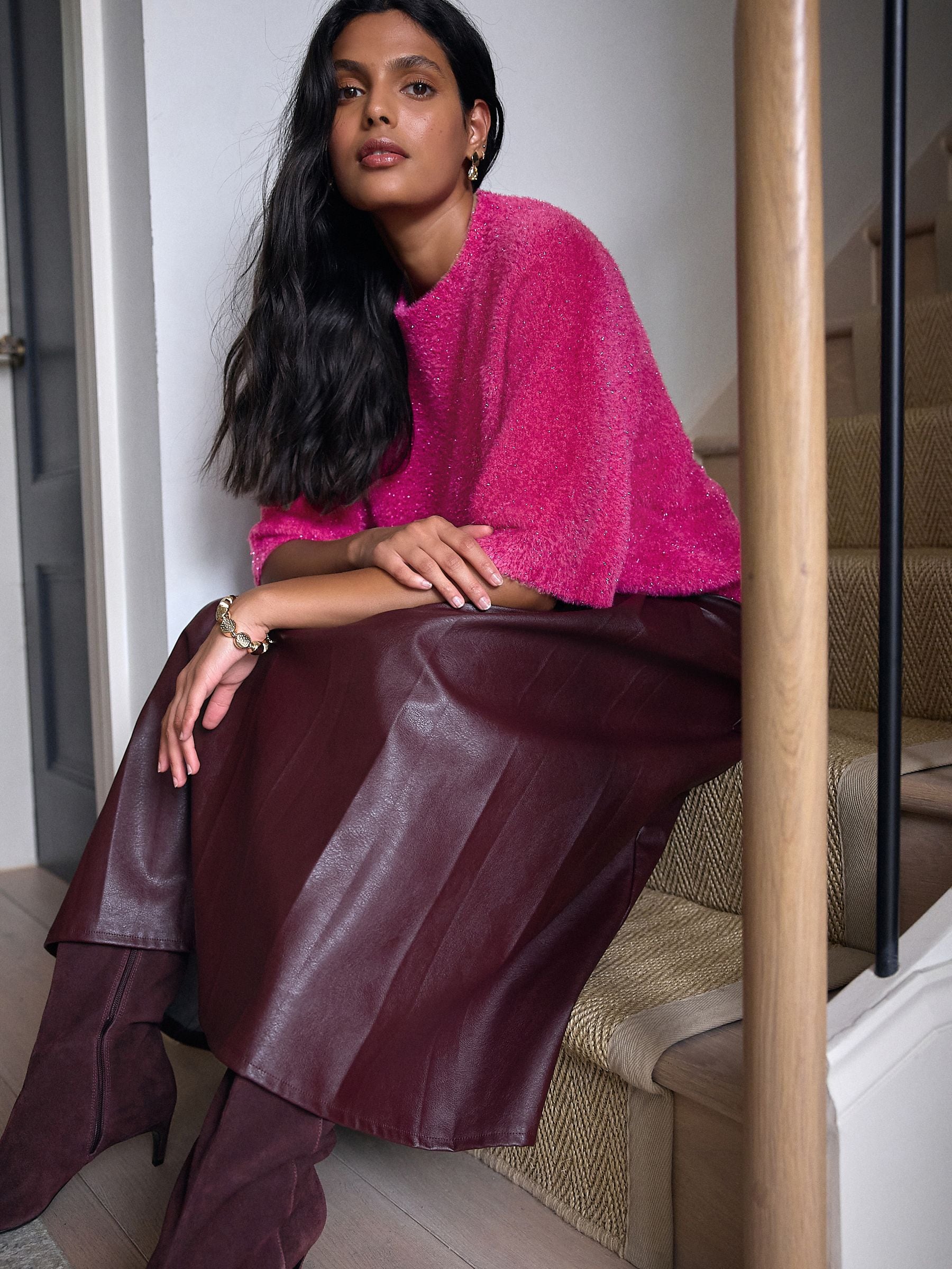 Bordeauxrood - Faux Leather Midi Kilt Skirt