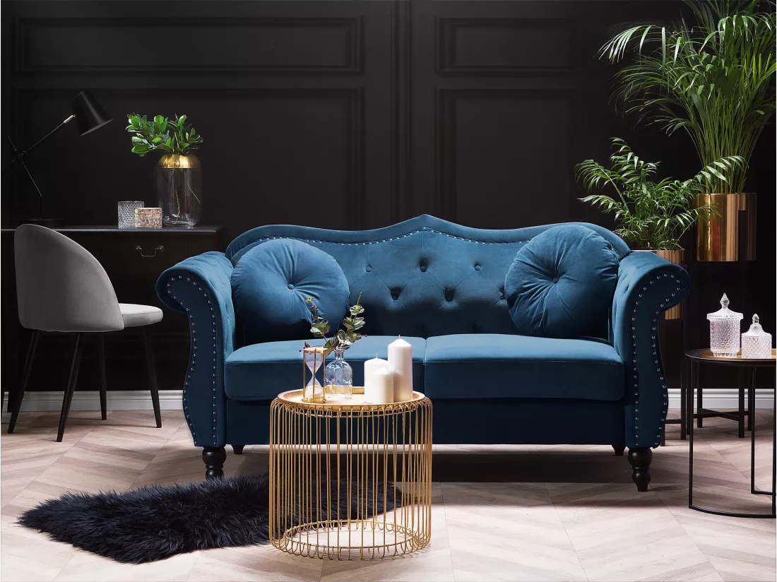 Canapé Chesterfield 2 places en velours bleu SKIEN