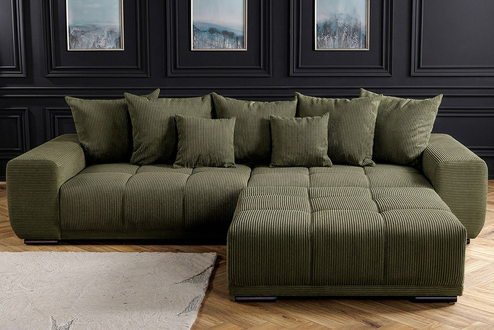 Modernes XXL Sofa ELEGANCIA 285cm grün Cord Federkern inklusive Kissen Bigsofa
