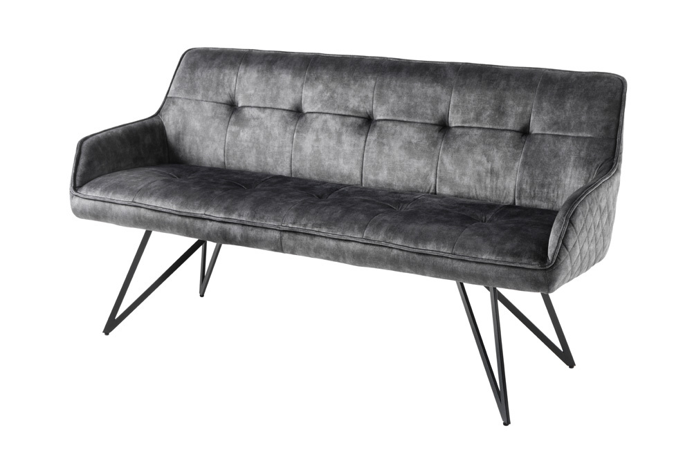 Design Sitzbank EUPHORIA 160cm dunkelgrau Samt Retrostil Ziersteppung Hairpin Legs Metallbeine Armlehnen