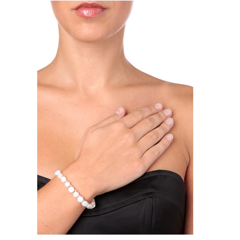 Bracelet Femme Stretch en Perles de culture d'eau douce blanches, forme Bouton