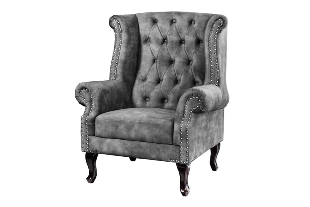 Design Ohrensessel CHESTERFIELD 105cm grau Samt silber Nieten