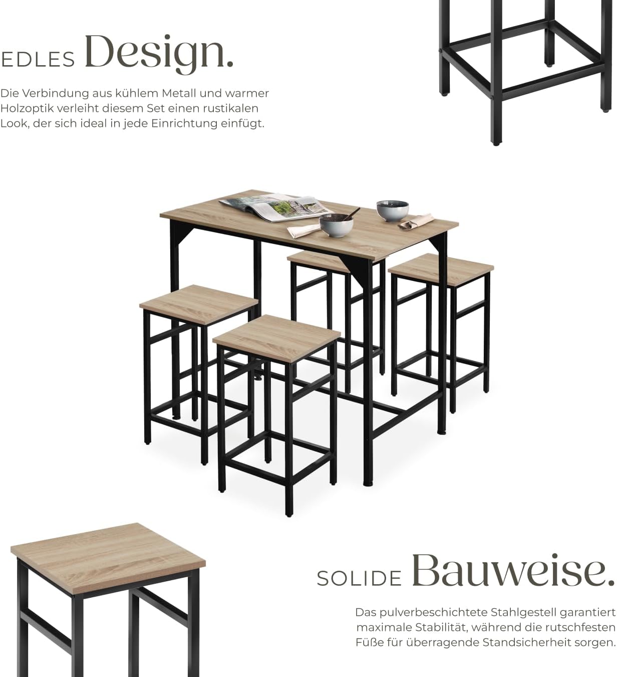 tectake® Bartisch-Set, Stehtisch mit 4 Barhockern, 5-teiliges Tischset, 100 x 60 x 88,5 cm, Industrie-Design, Tischplatte aus Holz, schwarzes Metallgestell (Industrial Holz hell, Eiche Sonoma)
