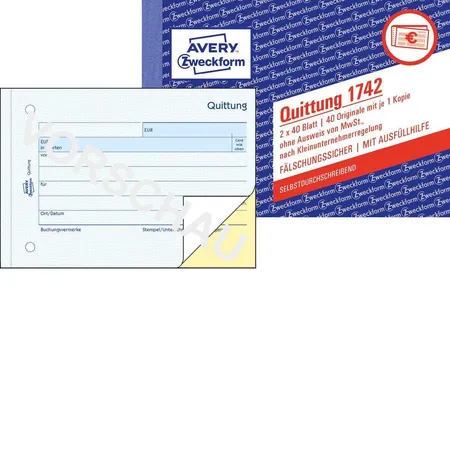 Avery Zweckform 1742 Quittung Kleinunternehmer ohne MwSt., A6 quer, selbstdurchschreibend, 2x40 Blatt