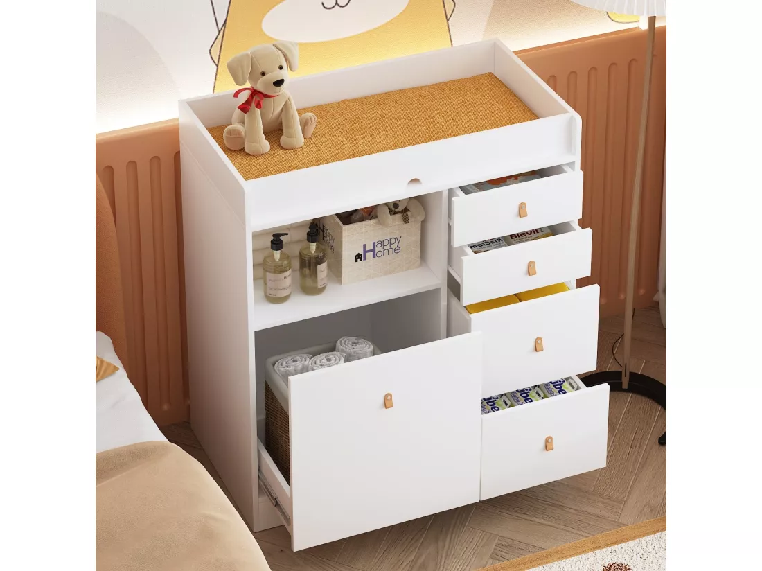 Commode à langer Meuble à langer avec 5 tiroirs Compariment ouverts Chambre bébé 85x46x99cm façade Blanc