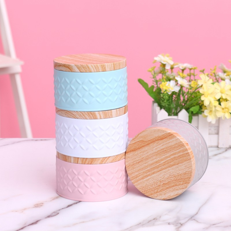 (Ø10x6.5cm) Blech Vorrats Dose Aufbewahrungs Behälter inkl. Deckel in Holz Optik für Tee / Süssigkeiten / Kosmetik - Rosa / Braun