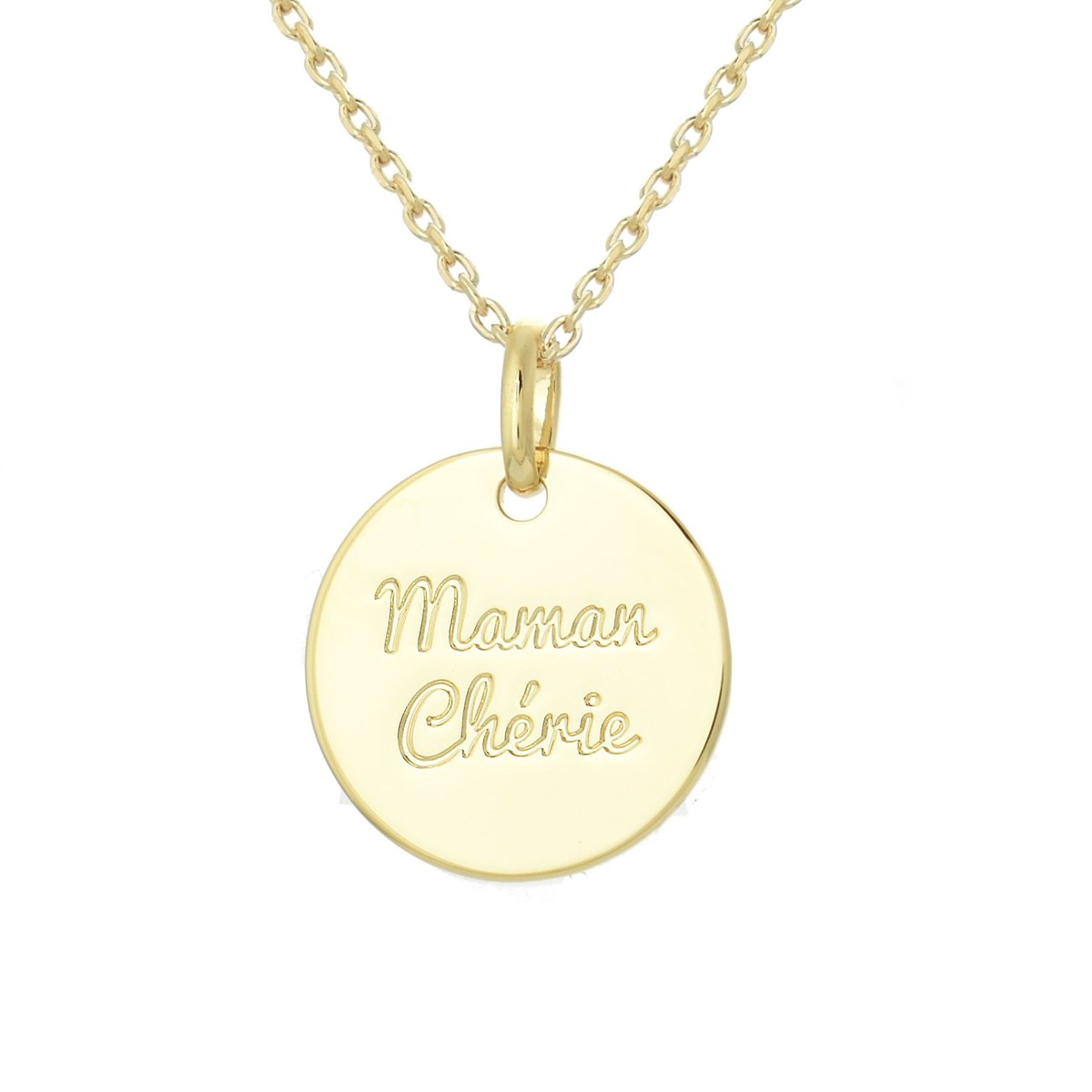 Collier médaille gravée Maman Chérie Plaqué OR 750 3 microns