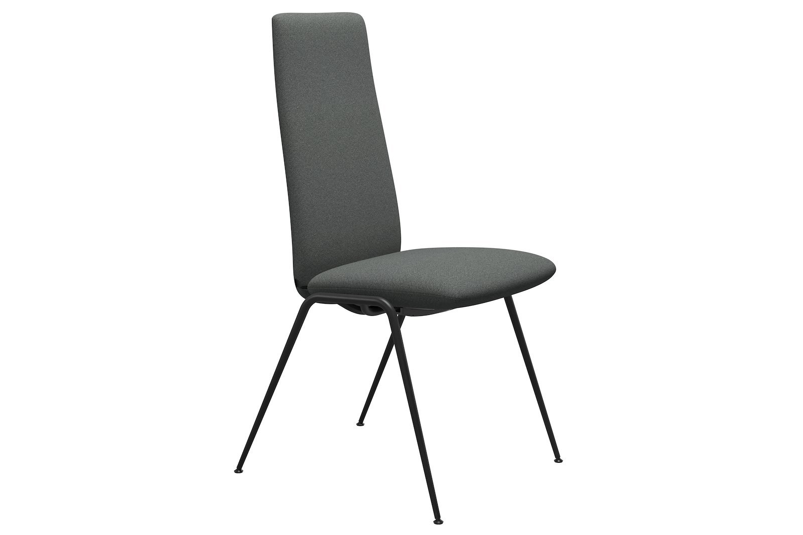 Basil spisestol I tekstil Mirage Charcoal med matt sort understell. Høy rygg, uten arm og medium sete. Vaskbart trekk
