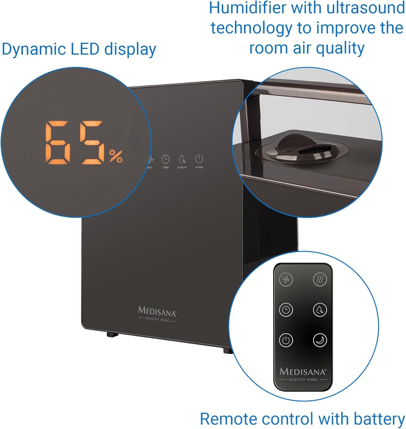 medisana AH 675 Luftbefeuchter mit Hygrometer, Timerfunktion, Vorheizfunktion, 3 Zerstäubungsintensitäten, Ideal für Kinderzimmer, Wohnzimmer und Schlafzimmer, 5,2 Liter Füllmenge