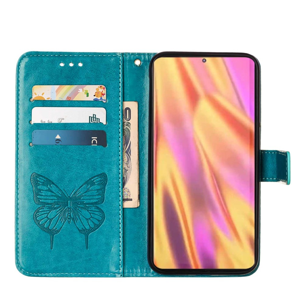 Samsung Galaxy S23 Ultra 5G Leder Tasche Flip Cover Schmetterlinge Imprint - Blau