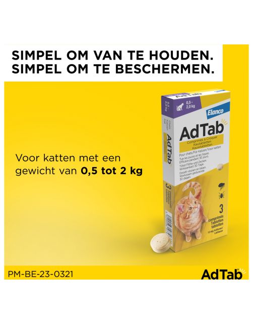 Adtab Kauwtablet Voor Katten - Anti vlooien en tekenmiddel - 3 tab 0.5 - 2.0 Kg
