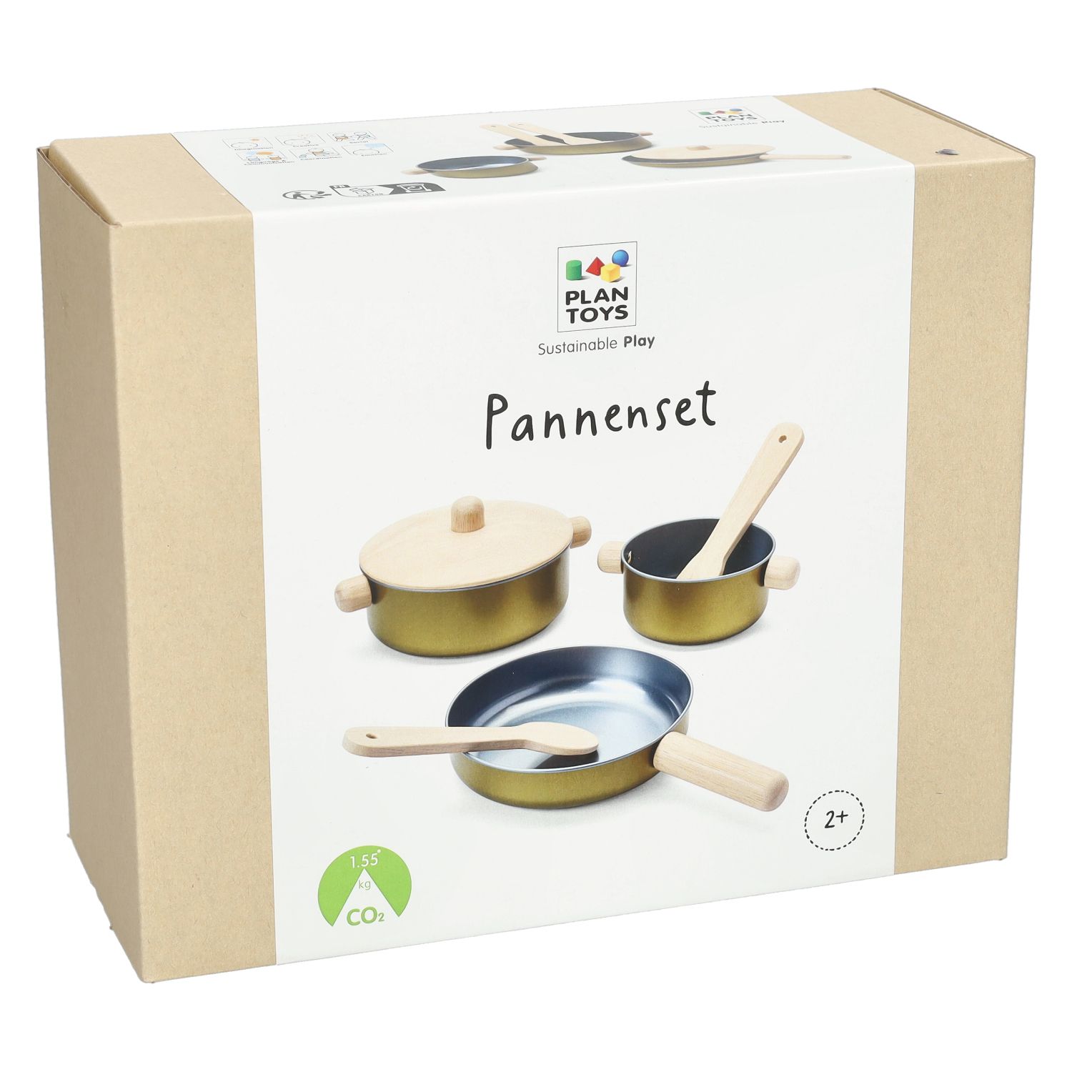 Pannenset, metaal en rubberhout, 2+