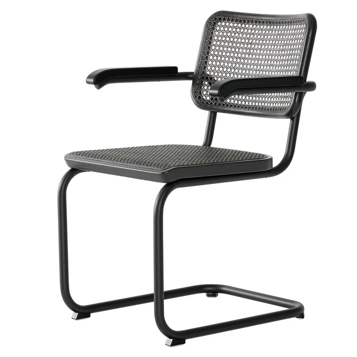 Thonet - S 64 V Armlehnstuhl, schwarz RAL 9005 / Eiche gebeizt / Rohrgeflecht mit Kunststoffstützgewebe dark melange