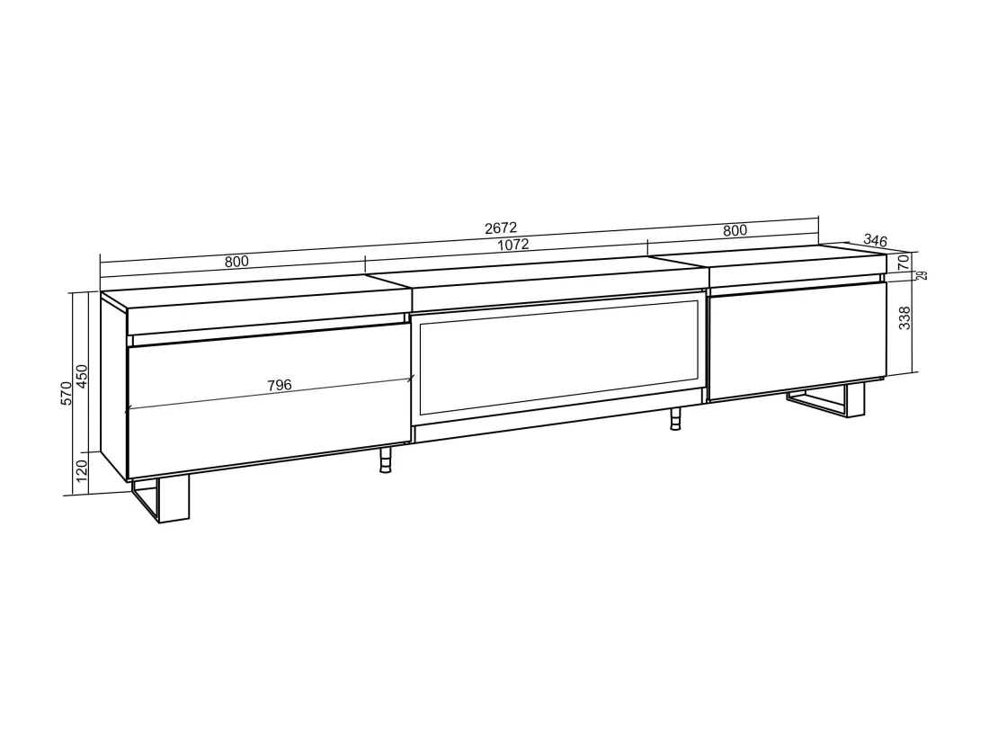 Meuble TV, Banc Télé, 267x35x57 cm, TV grand format, Cheminée électrique XXL, Design industriel, Chêne et noir