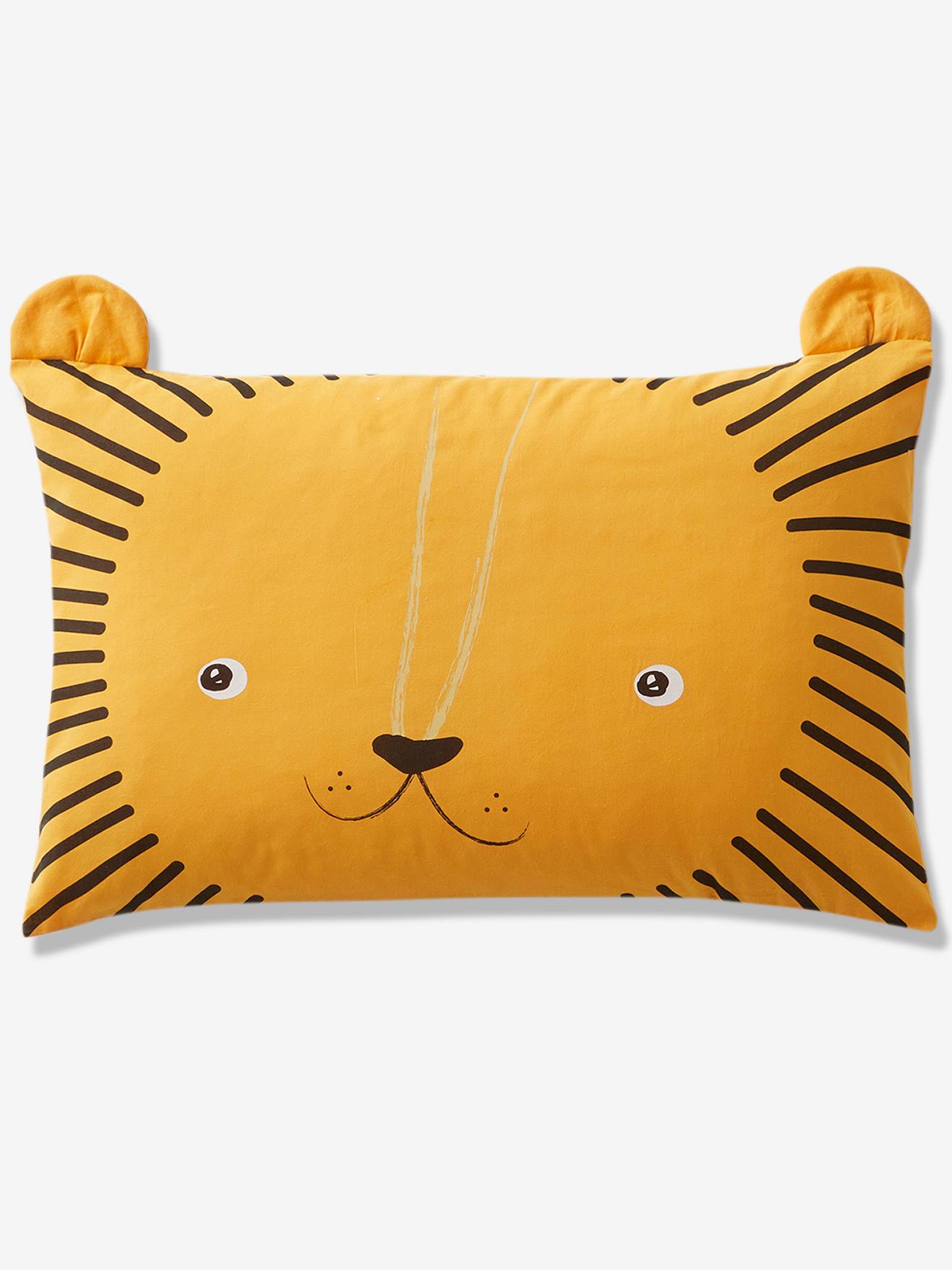 Fronha para bebê Mon petit lion, tamanho médio, laranja, lisa com estampas.