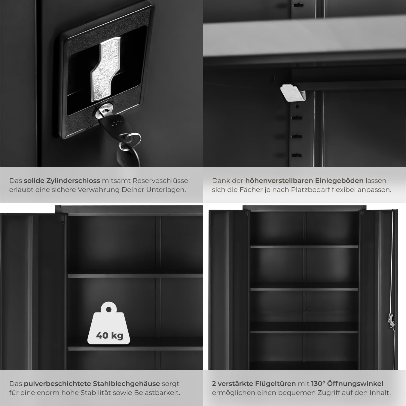tectake® Aktenschrank, Büroschrank abschließbar, Mehrzweckschrank aus Stahl, Allzweckschrank mit 2 Türen, inkl. 3 höhenverstellbare Einlegeböden, Aktenschrank abschließbar 180x80x40 cm - schwarz