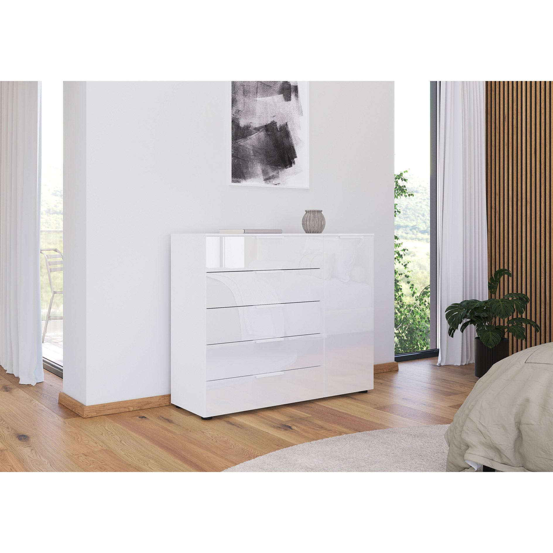 Kommode - alpinweiß-Kristallweißglas - weiße Griffe - 120 cm