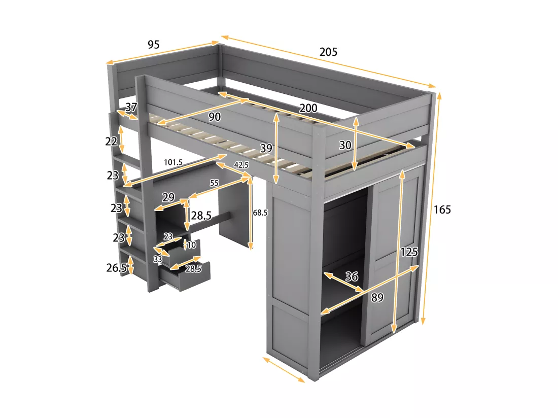 Lit mezzanine 90x200cm - lit enfant multifonctionnel - équipé d'une armoire et un bureau - en pin massif - Gris