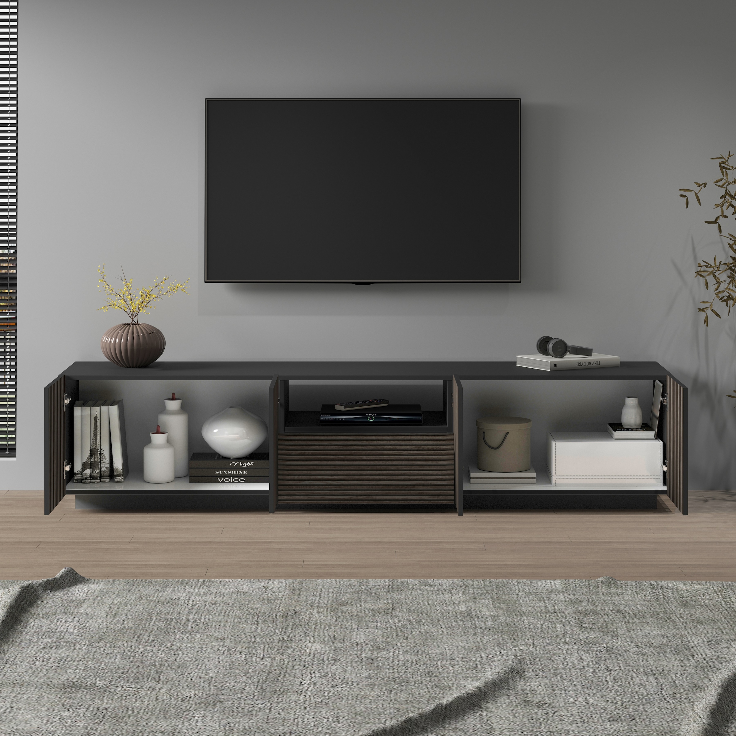 INOSIGN Lowboard »Vega,Lowboard,TV Board,TV Schrank,220 cm« mit 4 Türen und 1 Schublade,Fronten mit Rillen-Optik